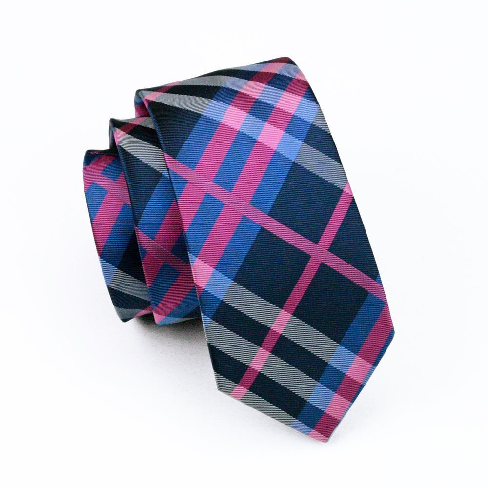 Classic Deep Blue Pink Plaid Tie Pocket Square Cufflinks Set - barry-wang