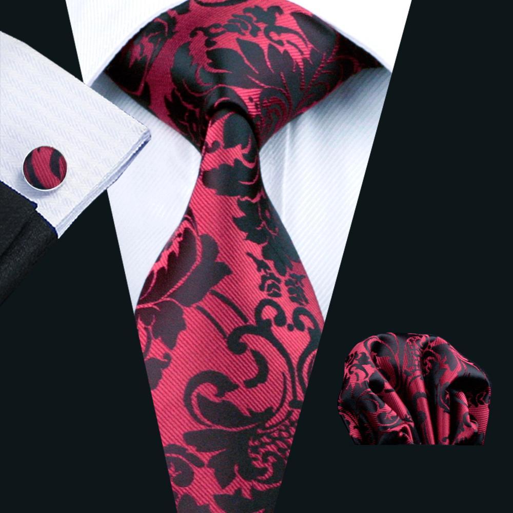 Black Red Floral Tie Pocket Square Cufflinks Set - barry-wang