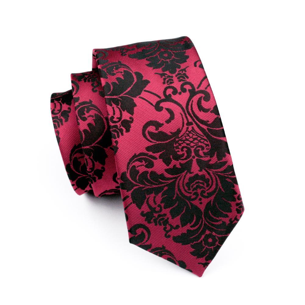 Black Red Floral Tie Pocket Square Cufflinks Set - barry-wang