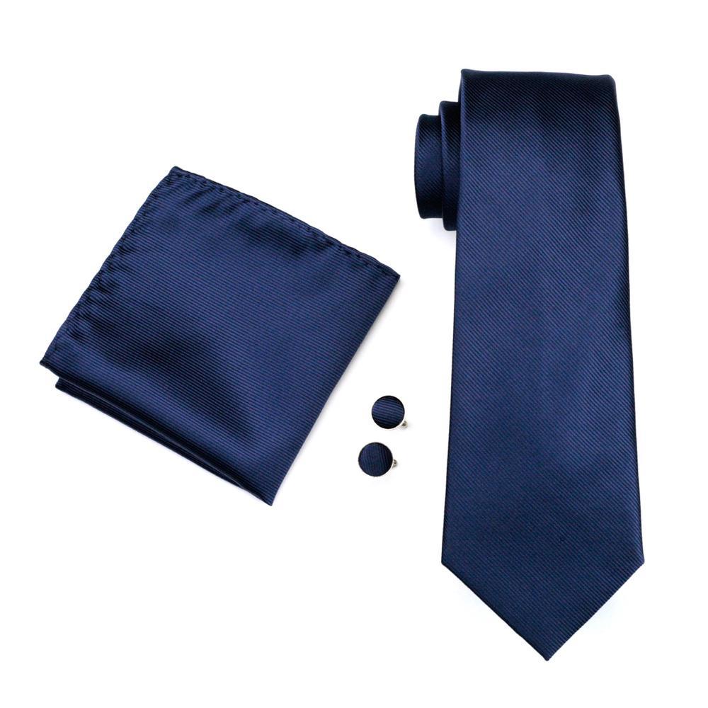 Classic Deep Blue Solid Silk Men's Tie Pocket Square Cufflinks Set - barry-wang
