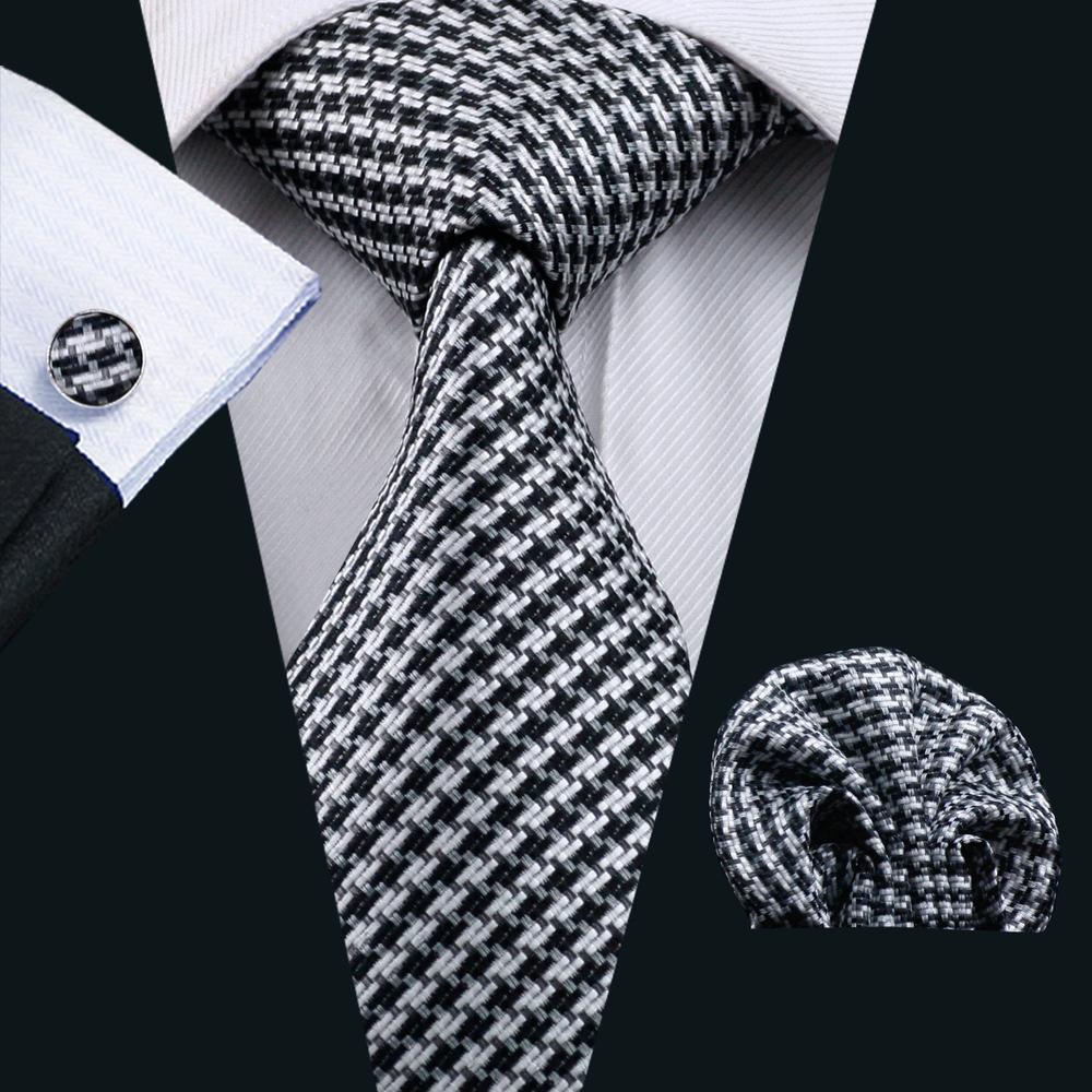 Classic Houndstooth White Black Plaid Tie Pocket Square Cufflinks Set - barry-wang