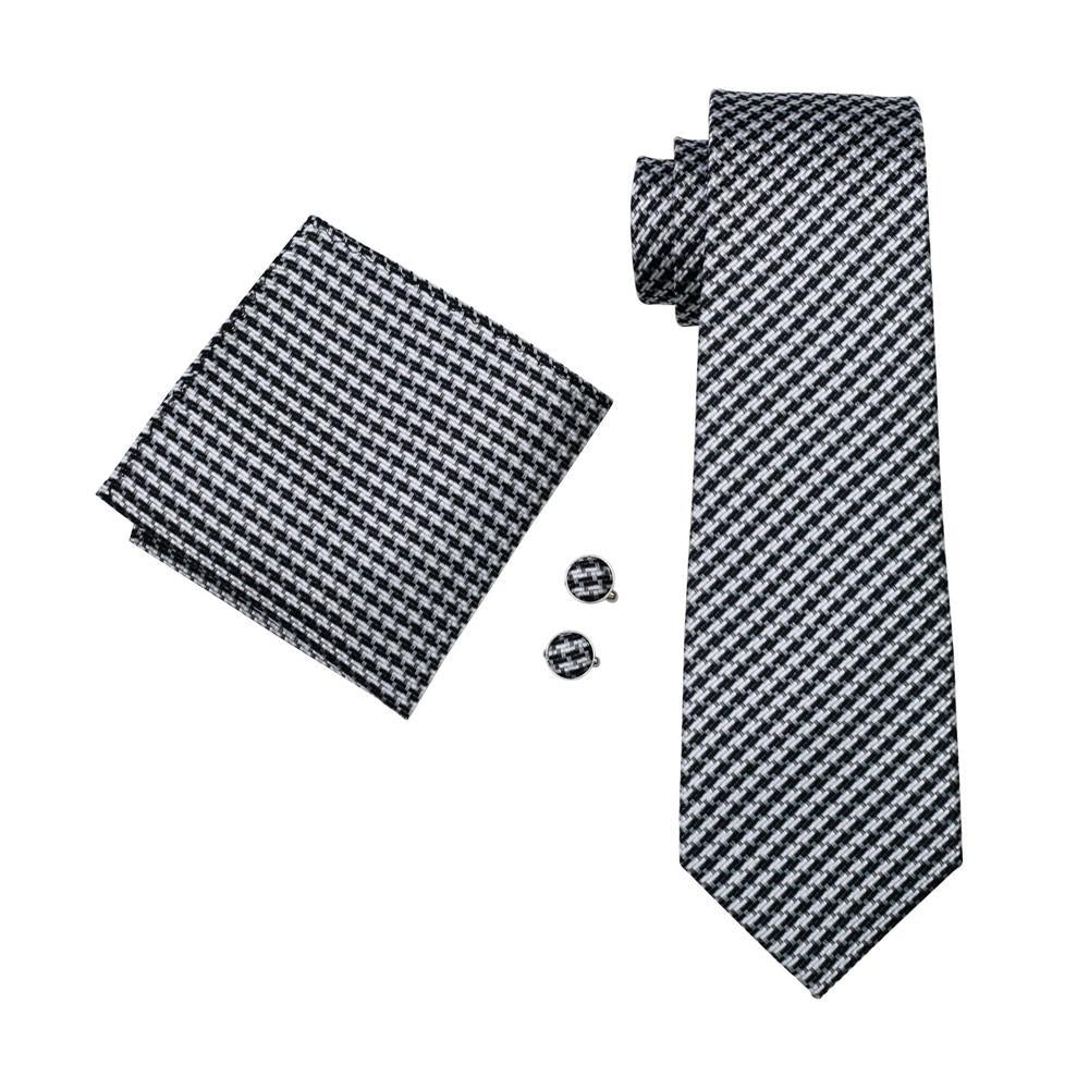 Classic Houndstooth White Black Plaid Tie Pocket Square Cufflinks Set - barry-wang