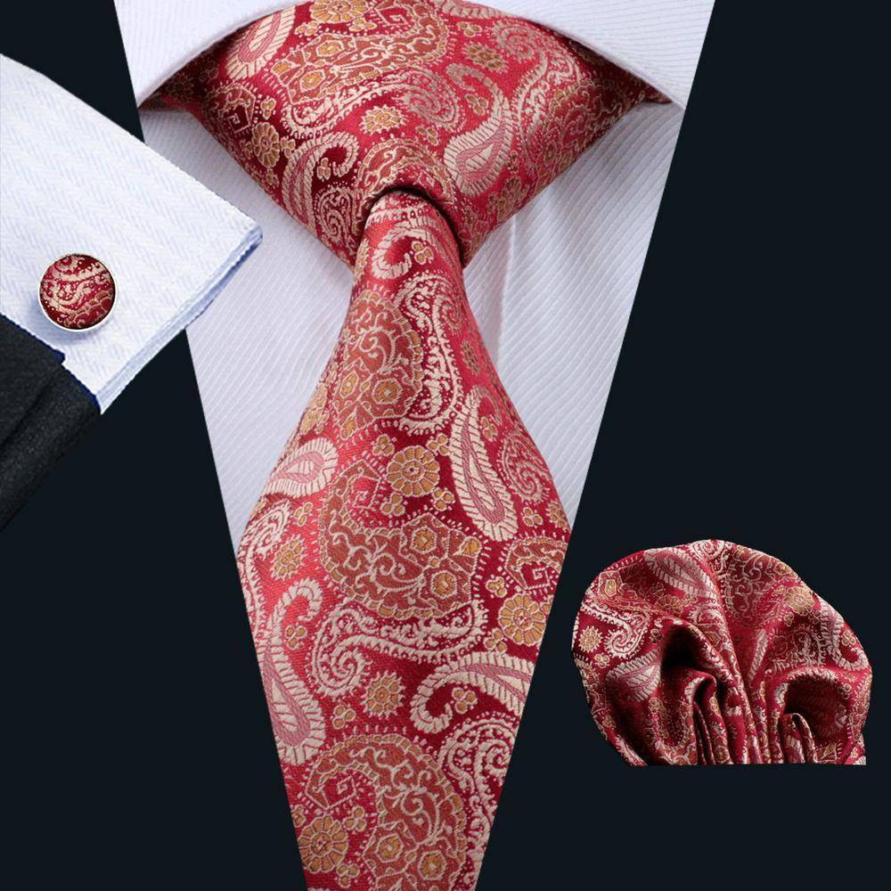 Red Paisley Silk Men's Tie Pocket Square Cufflinks Set - barry-wang