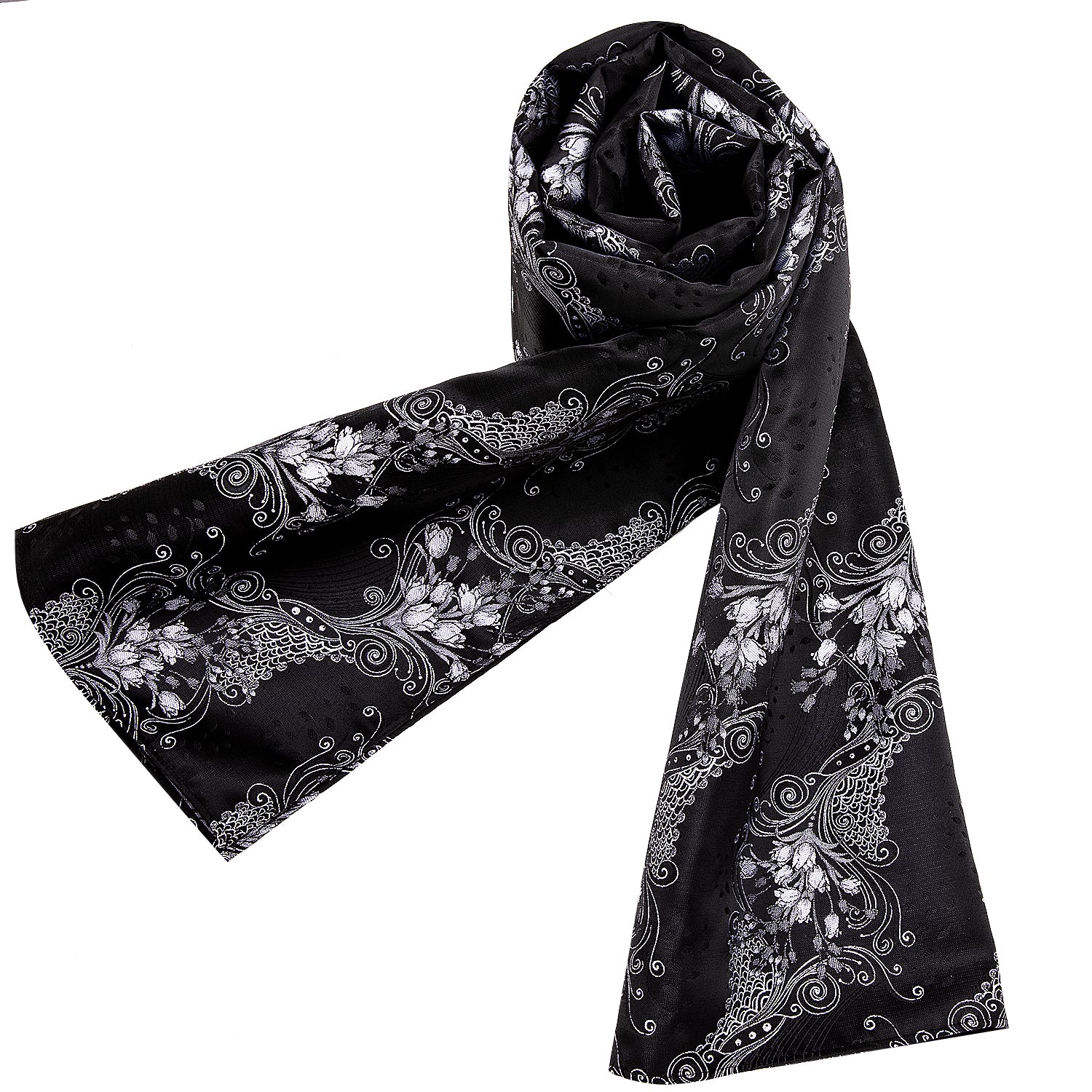 New Luxury Black Silver Floral Scarf  with Tie Set