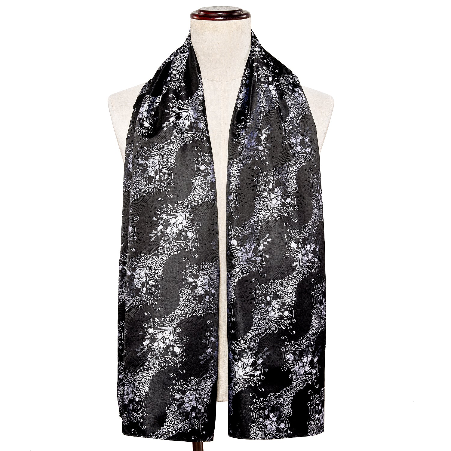 New Luxury Black Silver Floral Scarf