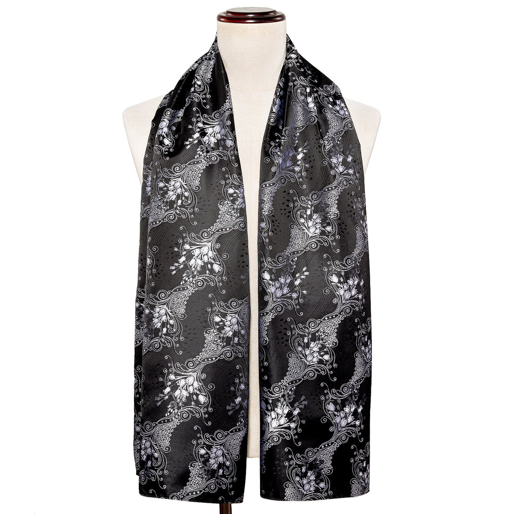 New Luxury Black Silver Floral Scarf with Tie Set