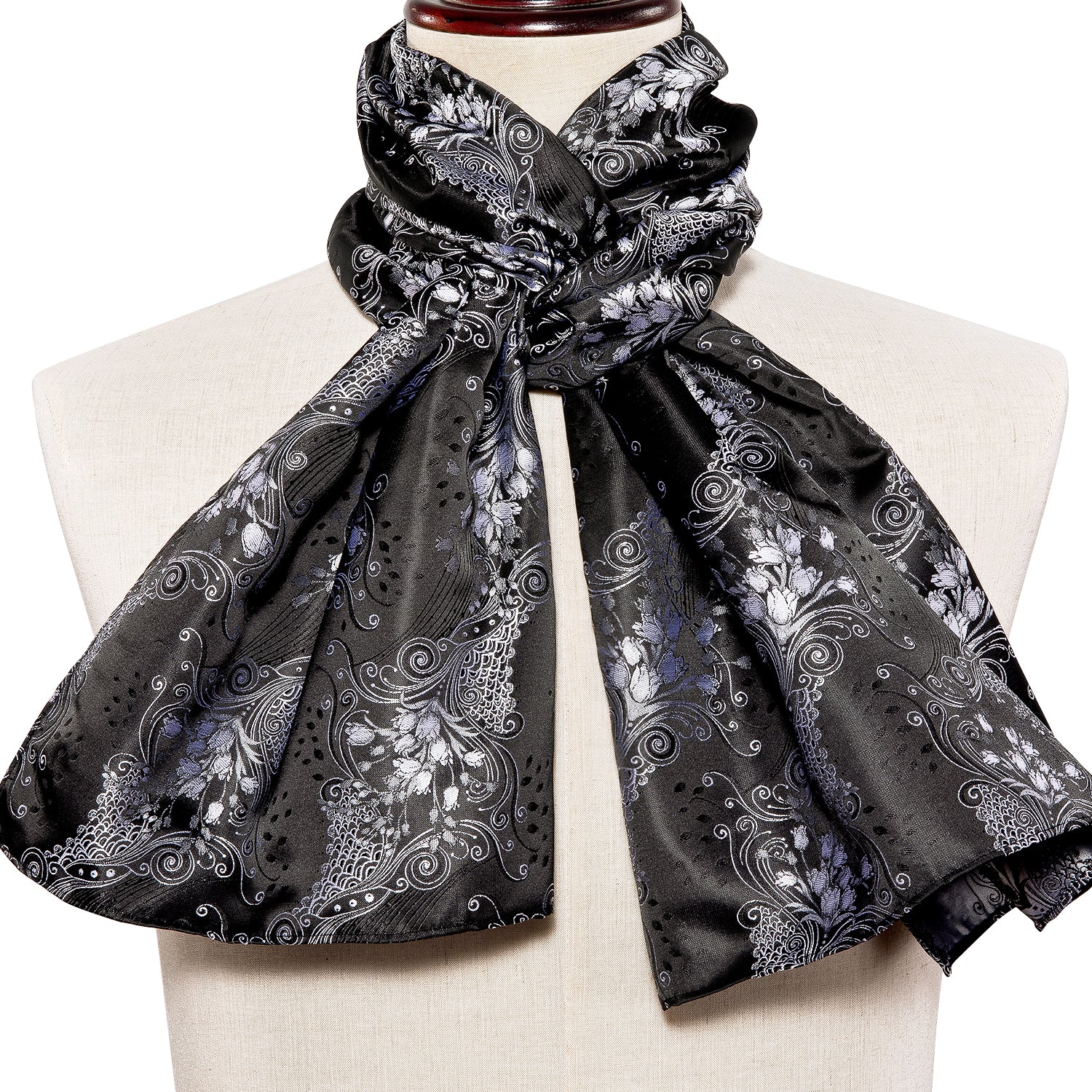 New Luxury Black Silver Floral Scarf