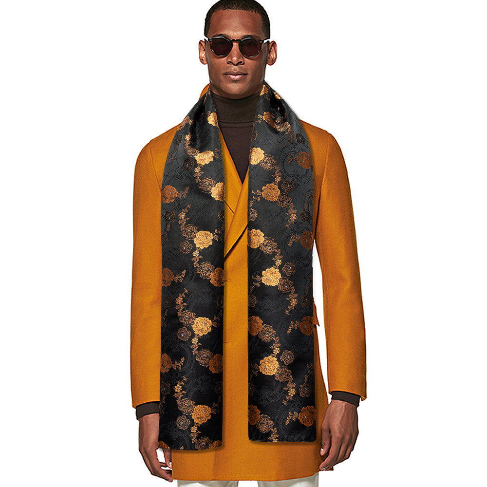 Luxury Black Yellow Floral Scarf With Tie