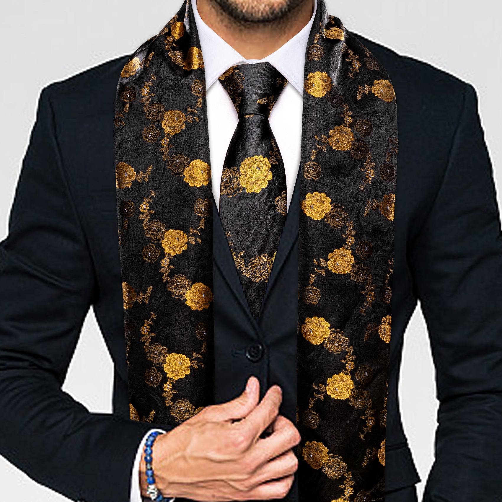 Luxury Black Yellow  Floral Scarf Necktie Set