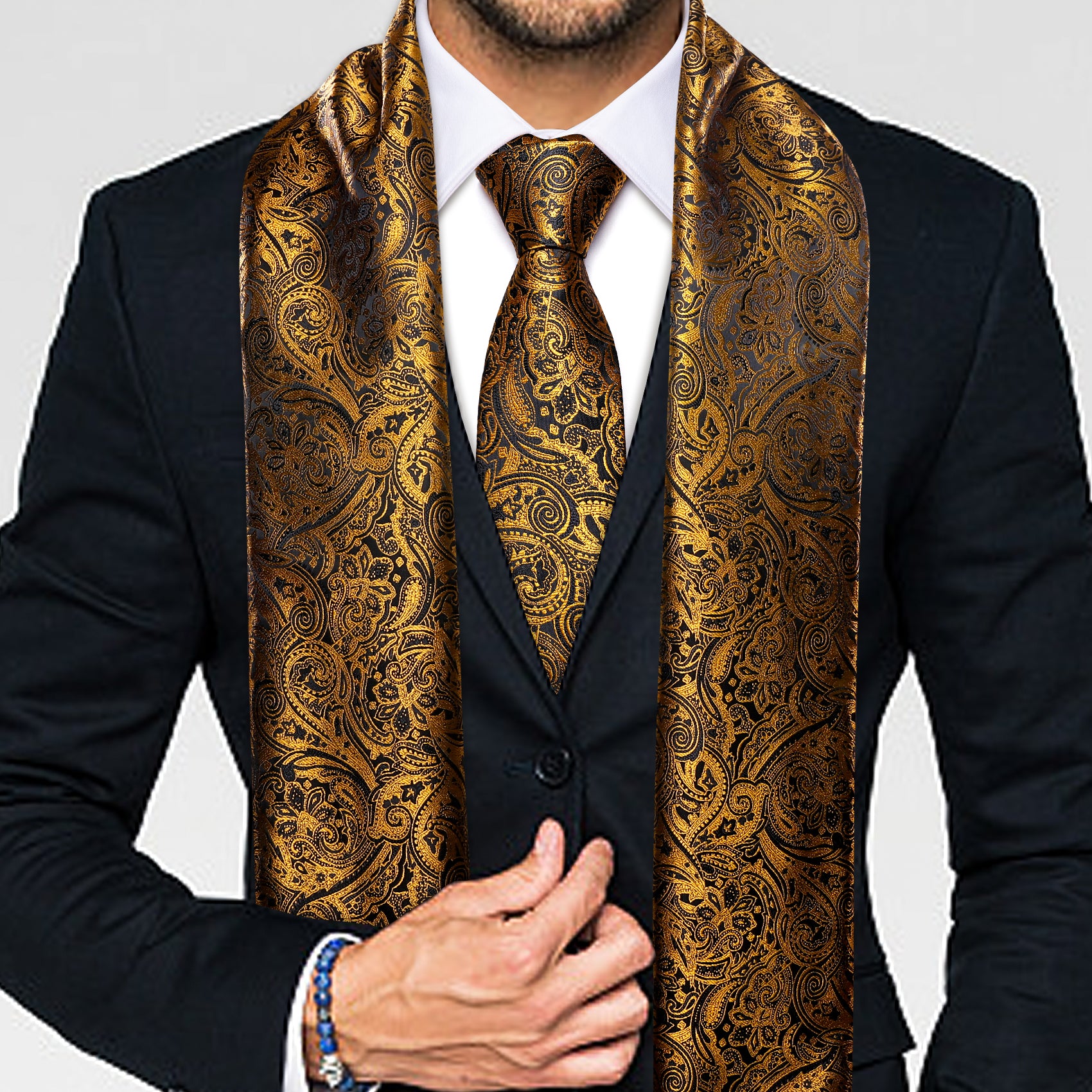 Shining Gold Black Floral Scarf with Tie