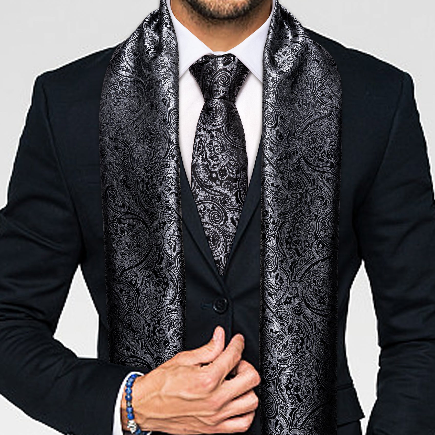 Luxury Black Silver Floral Scarf with Tie