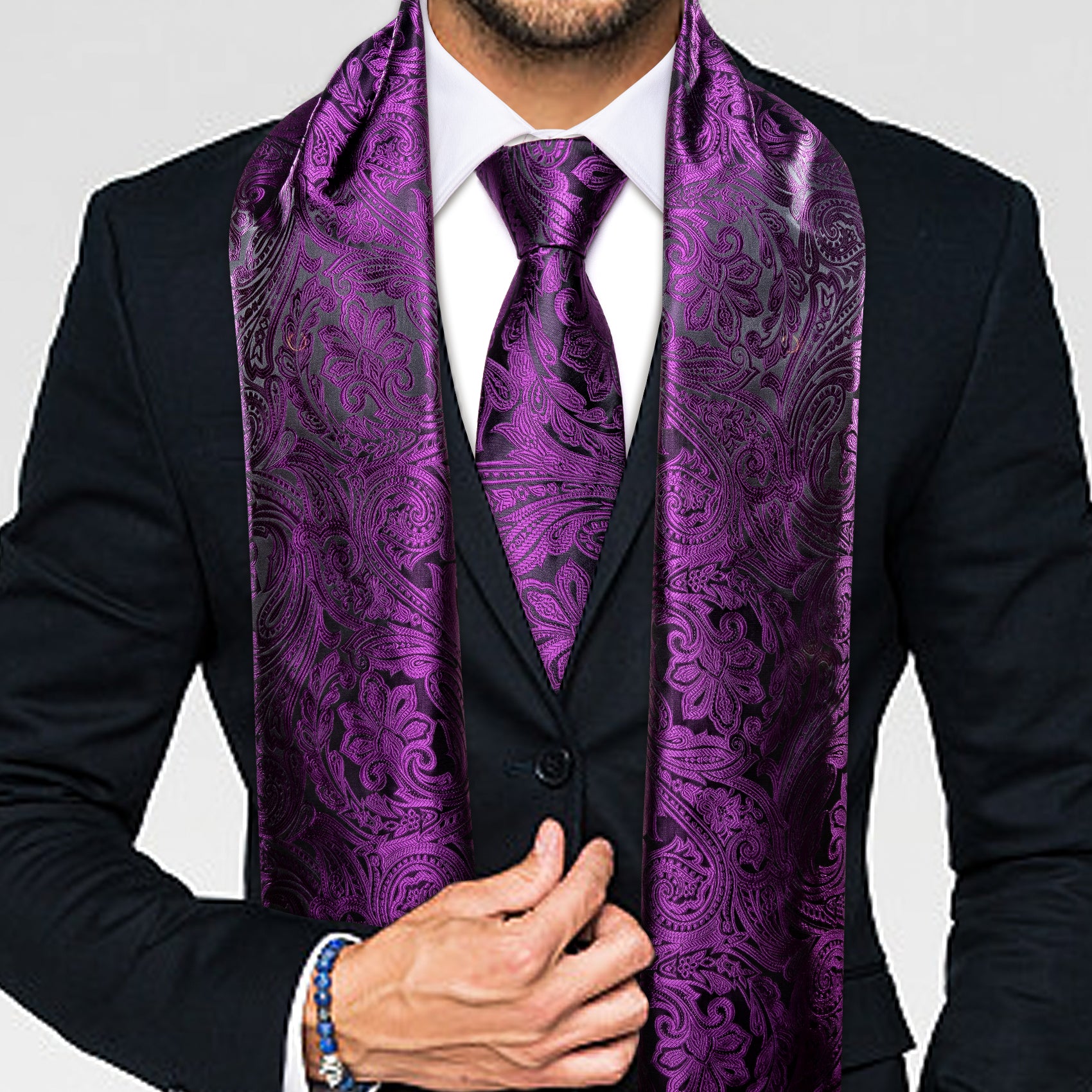 Barry.wang Men's Tie Black Purple Floral Scarf with Tie Set Fashion