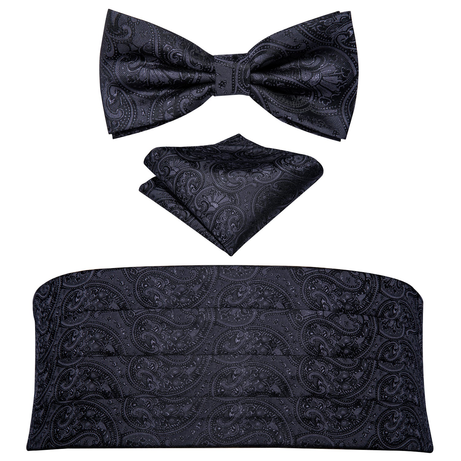 Black Paisley Cummerbund  Bow tie Handkerchief  Cufflinks Set - barry-wang