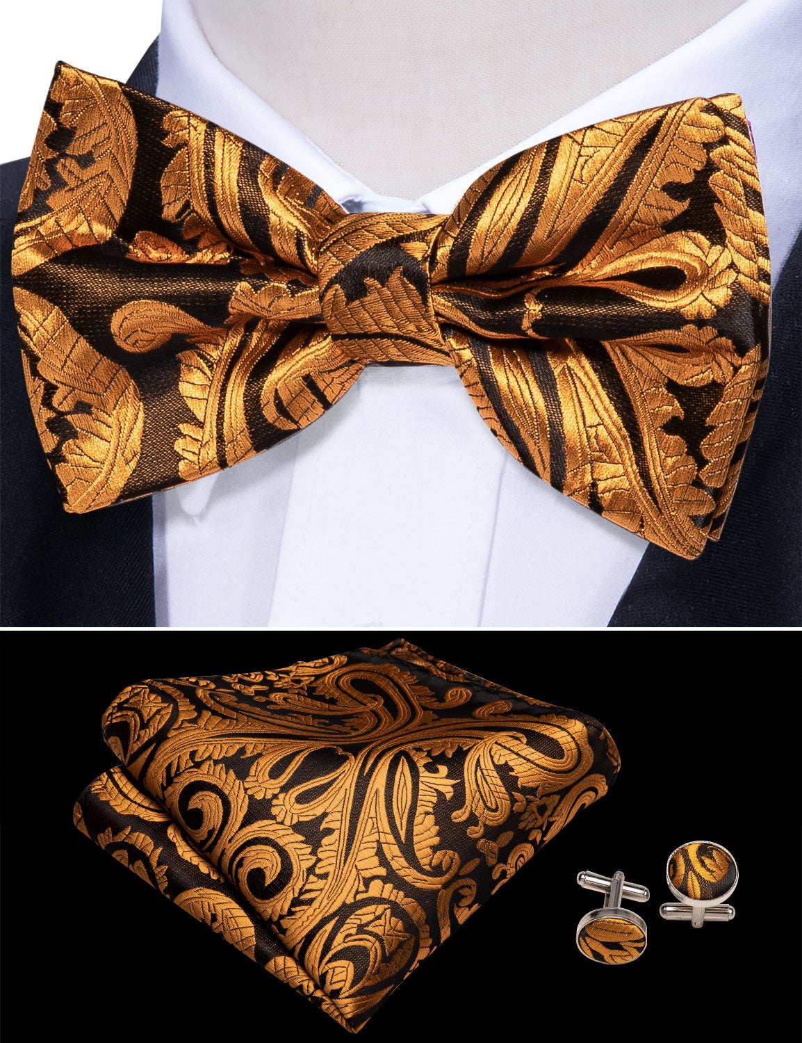 Luxury Gold Paisley Cummerbund  Bow tie Handkerchief Cufflinks Set