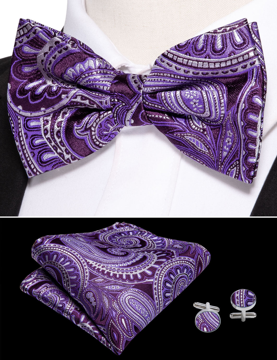 Light Purple Paisley Cummerbund Bow tie Handkerchief Cufflinks Set