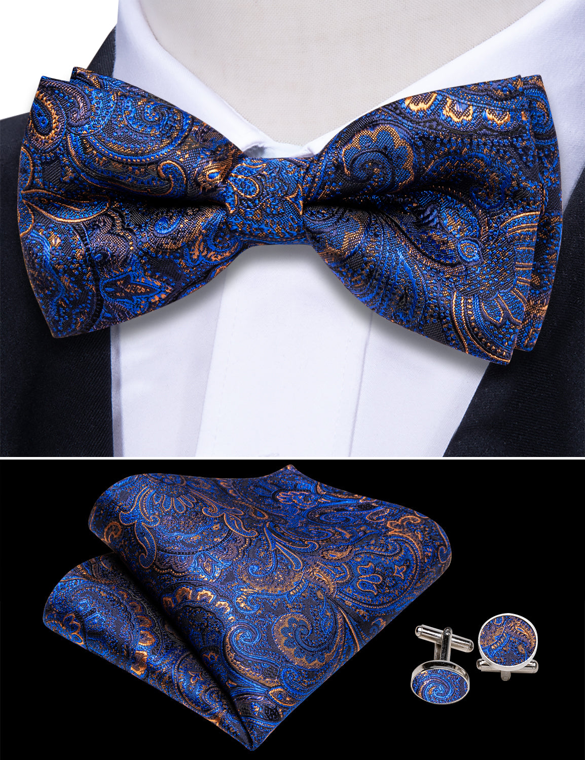 Blue Gold Cummerbund Bow tie Handkerchief Cufflinks Set