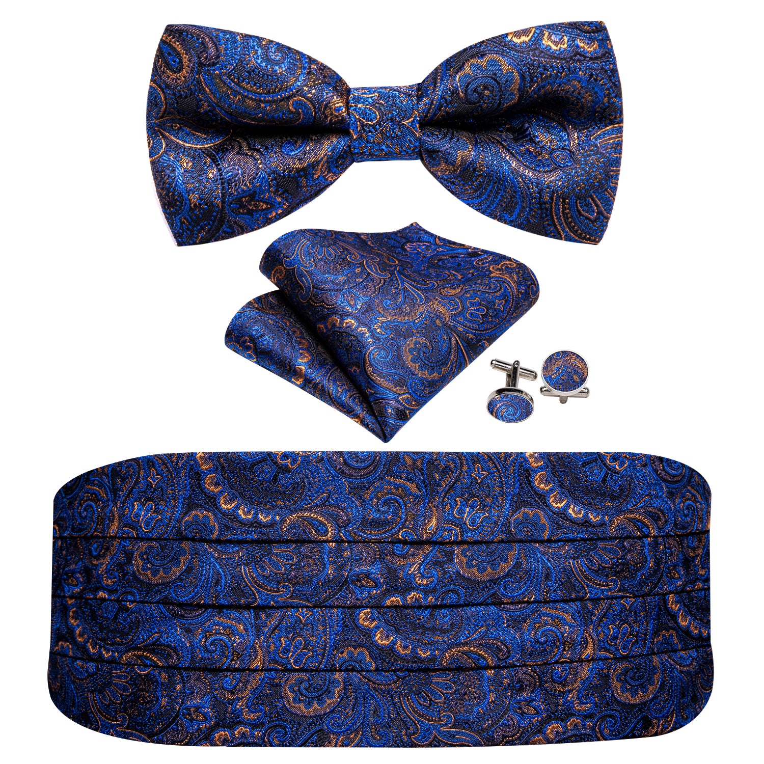 Blue Gold Cummerbund Bow tie Handkerchief Cufflinks Set