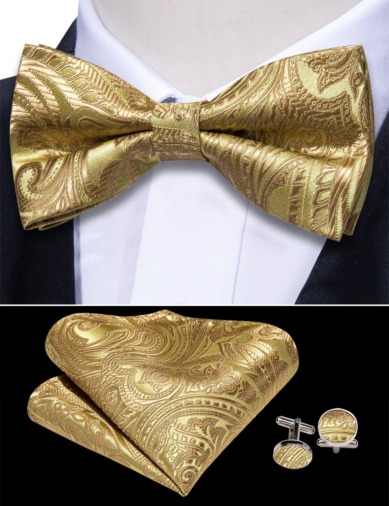 Gold Paisley Cummerbund Bow tie Handkerchief Cufflinks Set