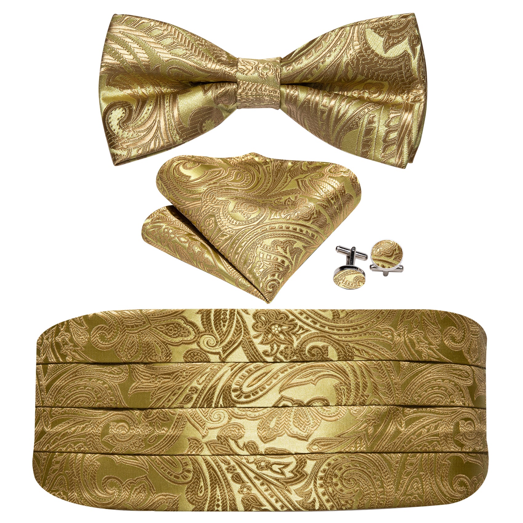 Gold Paisley Cummerbund Bow tie Handkerchief Cufflinks Set