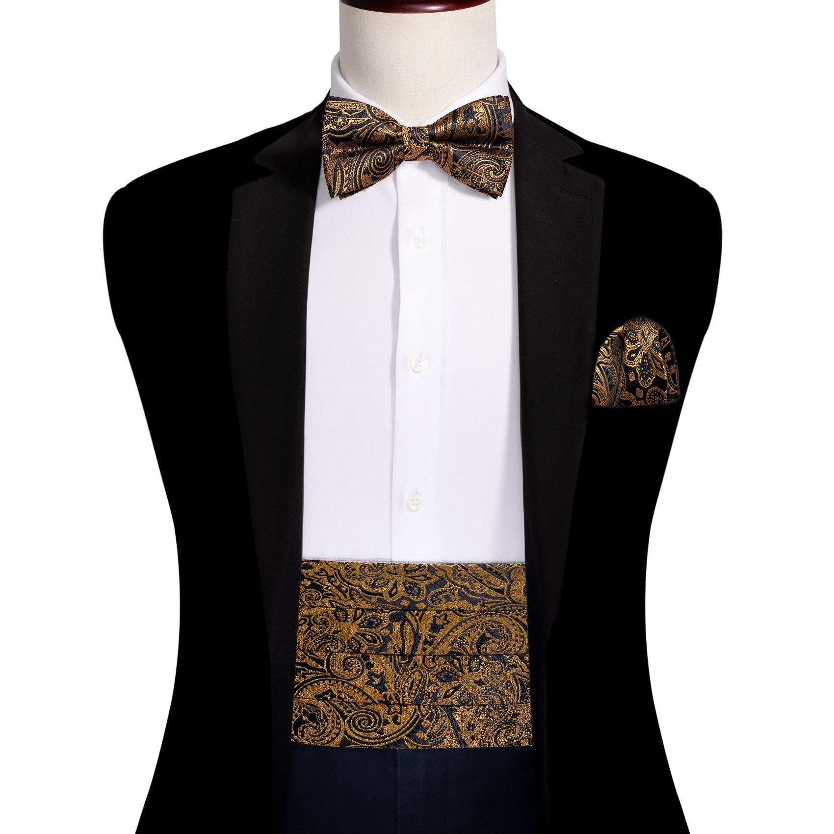 Gold Black Paisley Cummerbund Bow tie Handkerchief Cufflinks Set