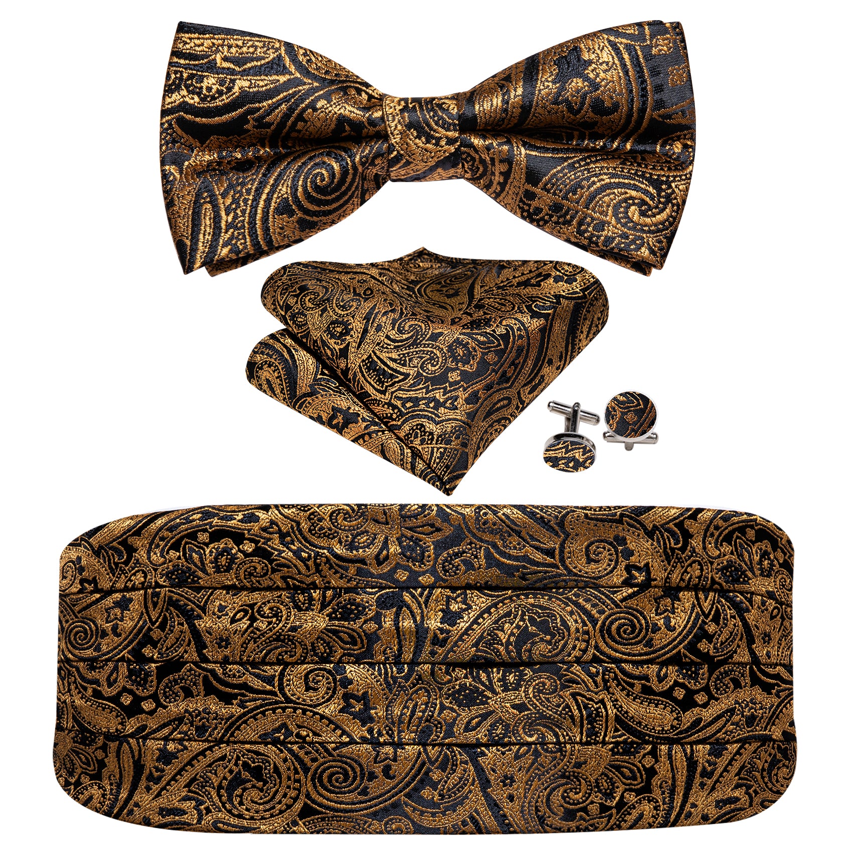 Gold Black Paisley Cummerbund Bow tie Handkerchief Cufflinks Set