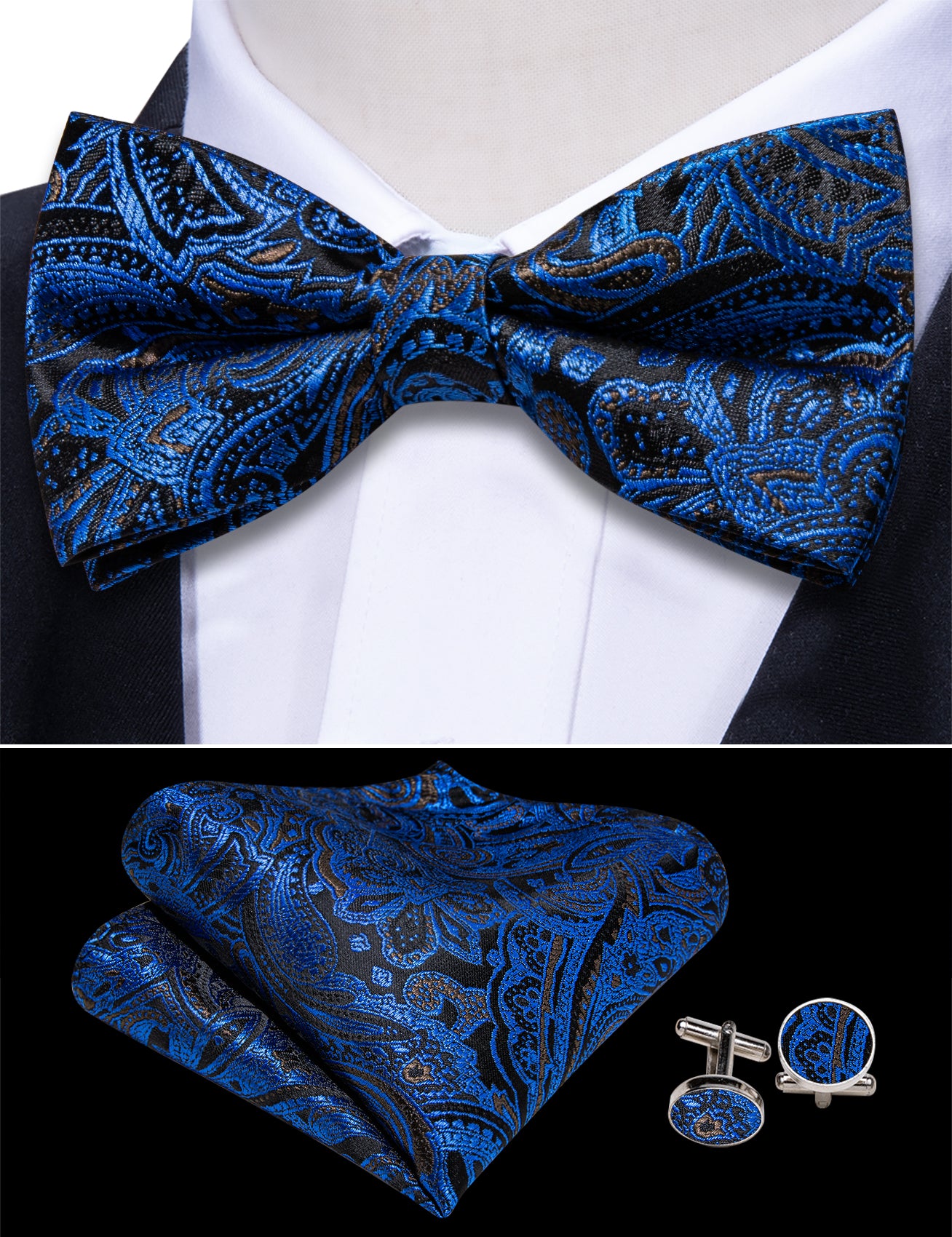 Blue Black Paisley Cummerbund Bow tie Handkerchief Cufflinks Set