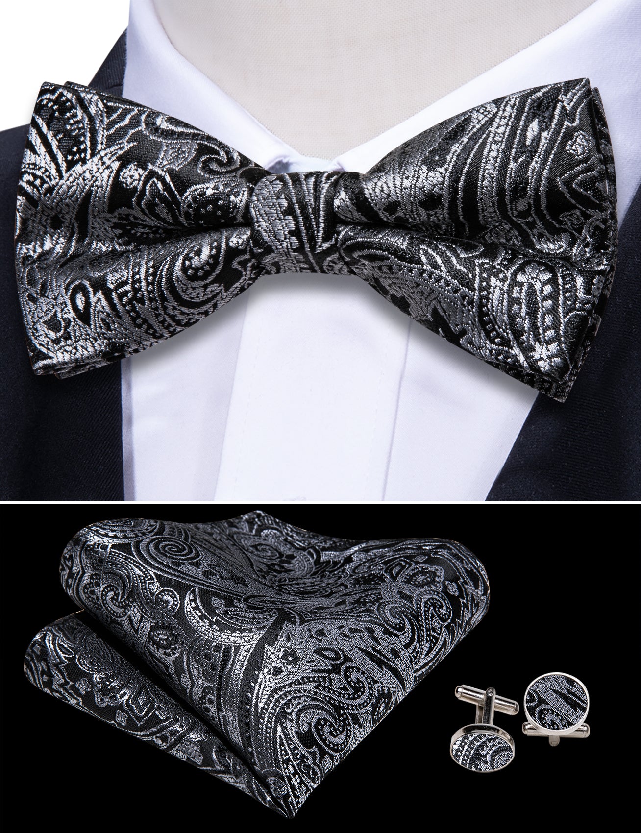 Black Silver Paisley Cummerbund Bow tie Handkerchief Cufflinks Set