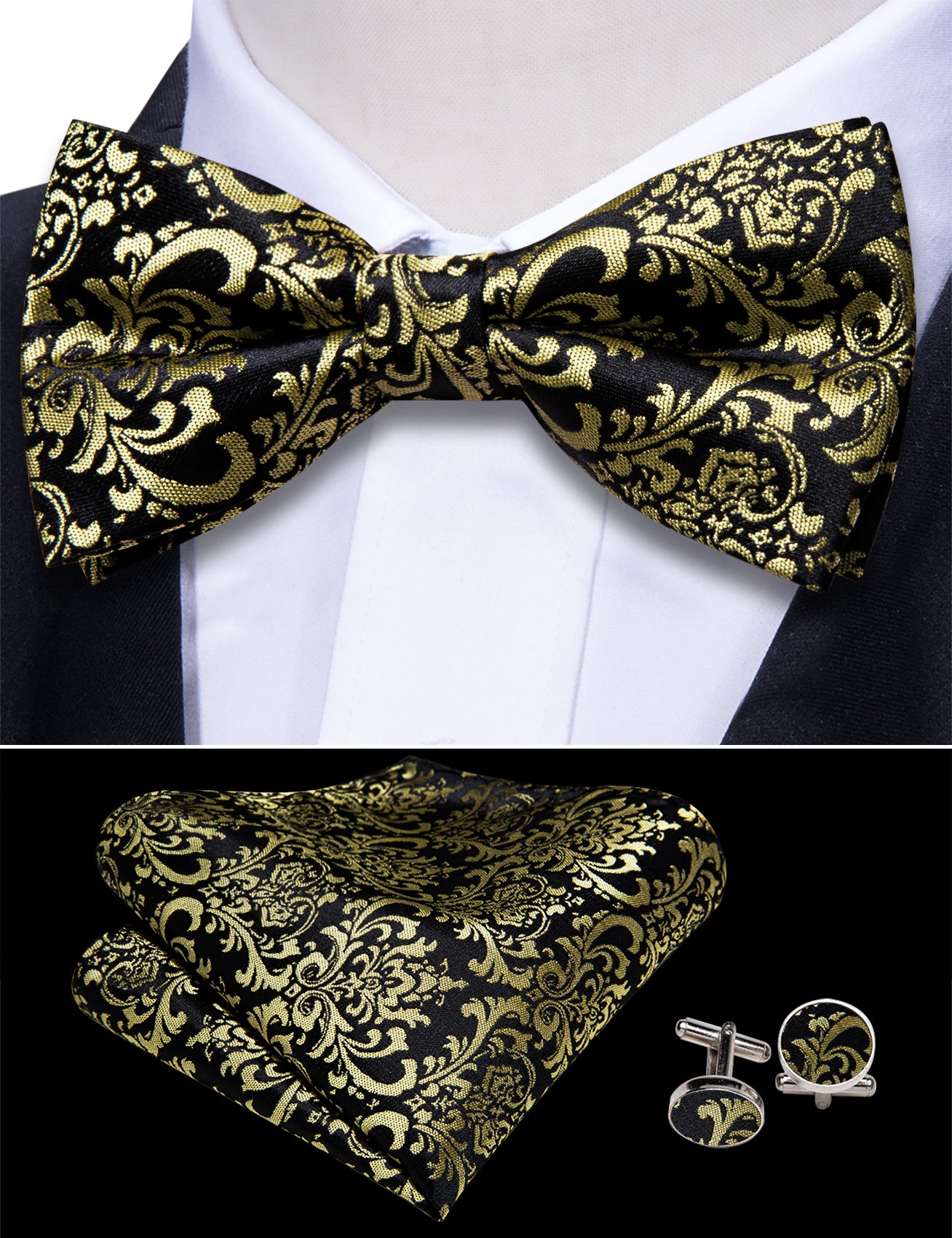 Black Yellow Paisley Cummerbund Bow tie Handkerchief Cufflinks Set