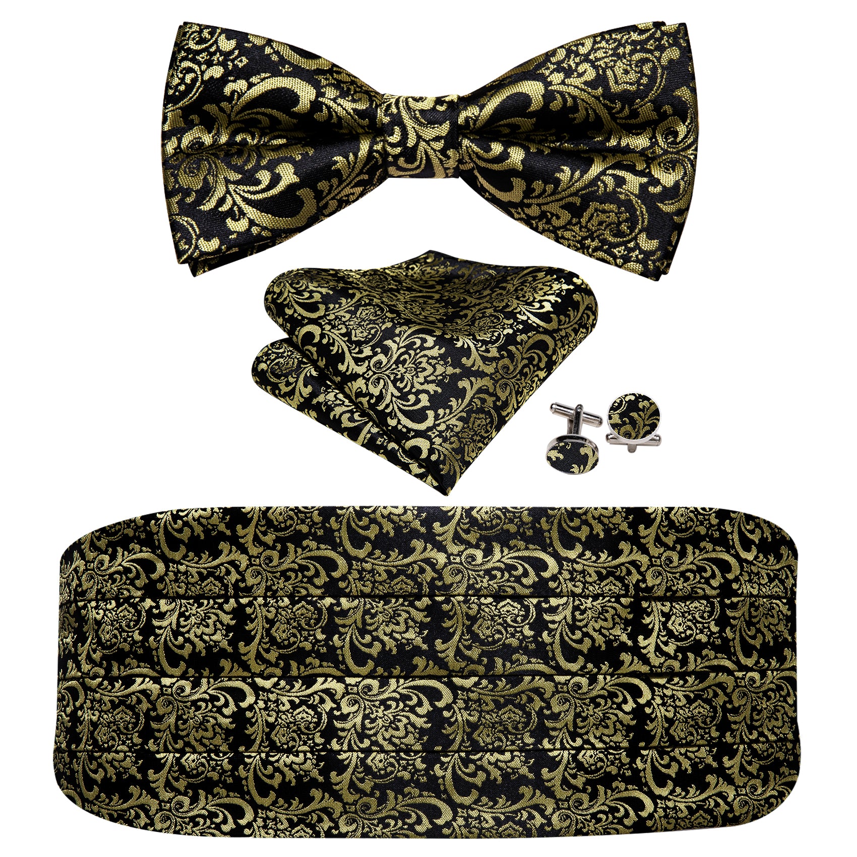 Black Yellow Paisley Cummerbund Bow tie Handkerchief Cufflinks Set