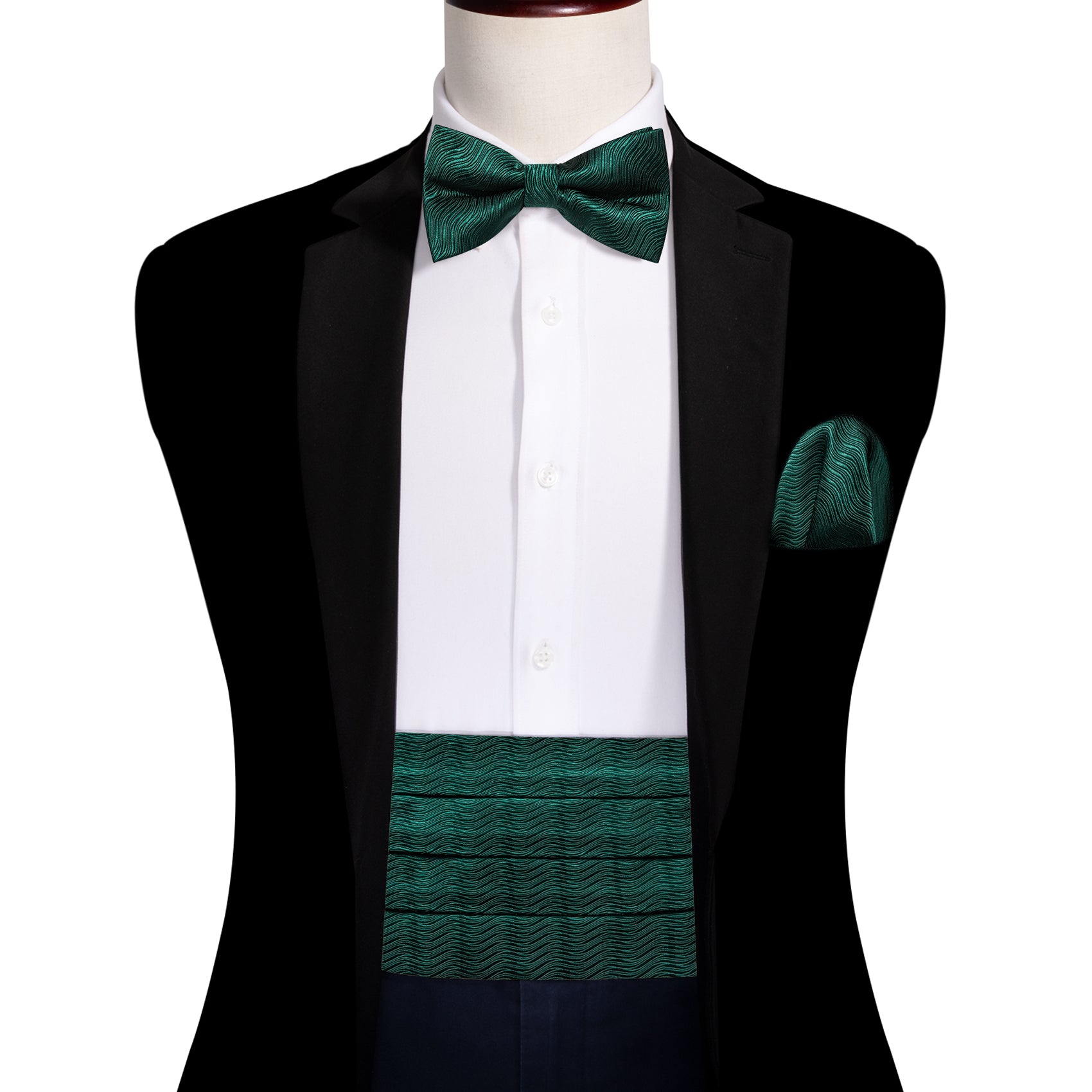 Green Solid Cummerbund Bow tie Handkerchief Cufflinks Set