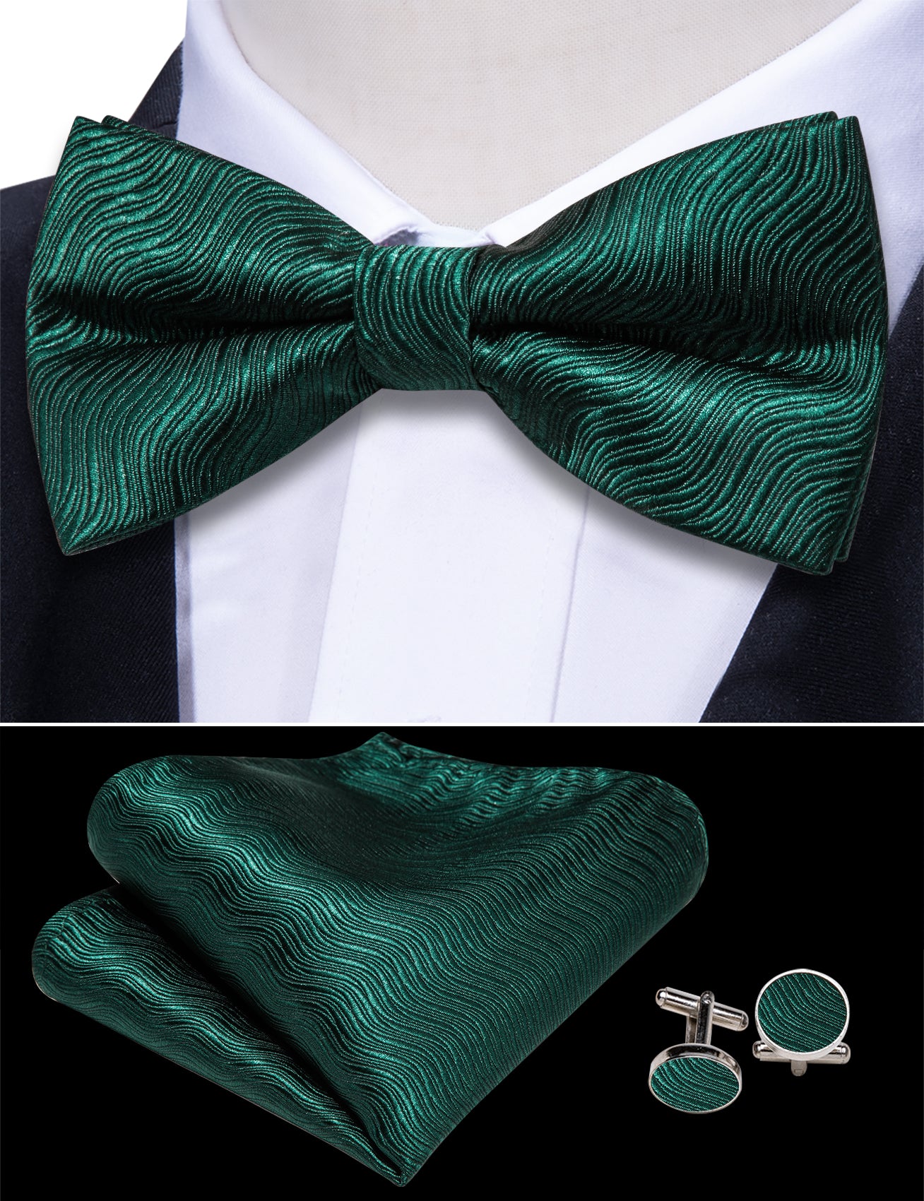 Green Solid Cummerbund Bow tie Handkerchief Cufflinks Set