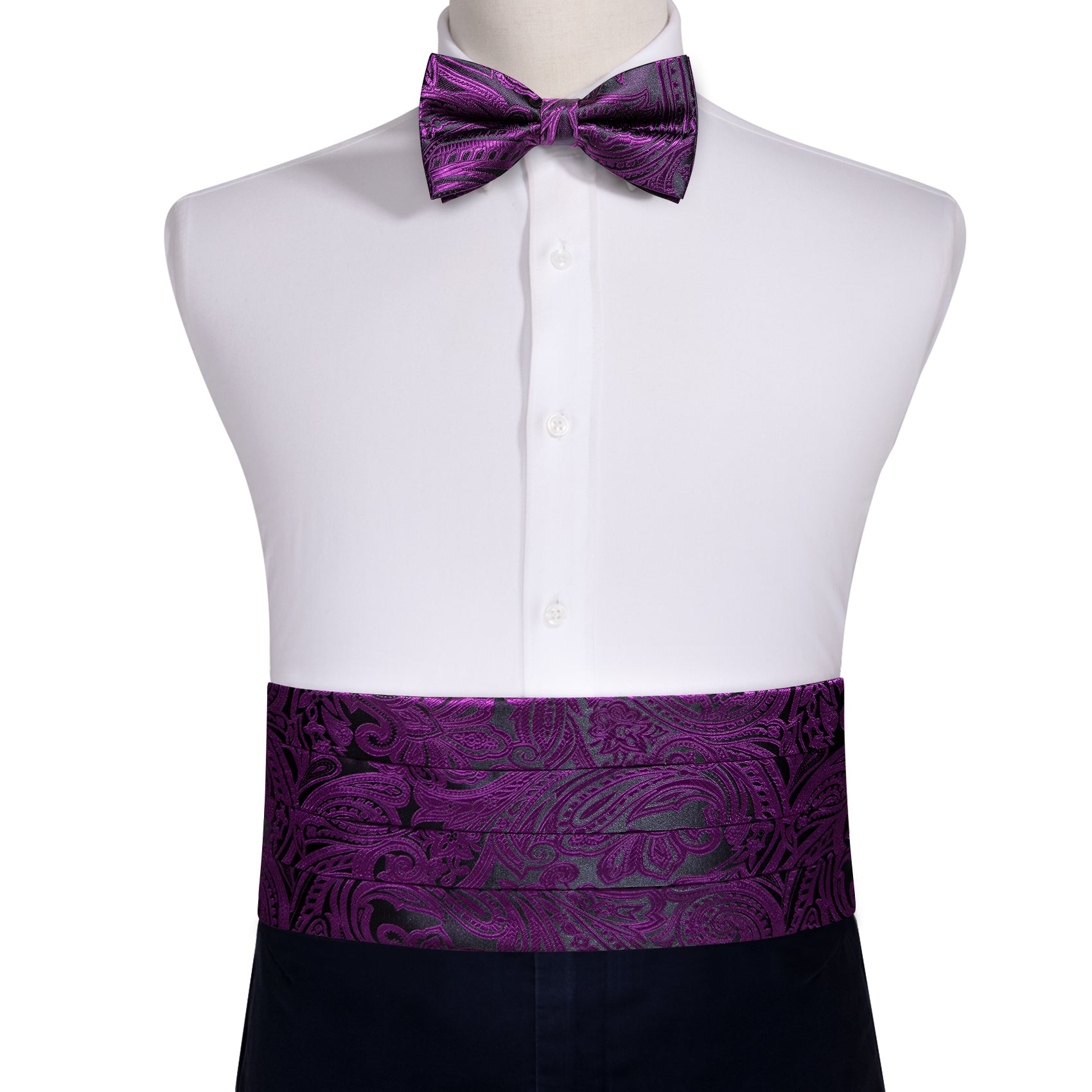 Purple Black Paisley Cummerbund Bow tie Handkerchief Cufflinks Set