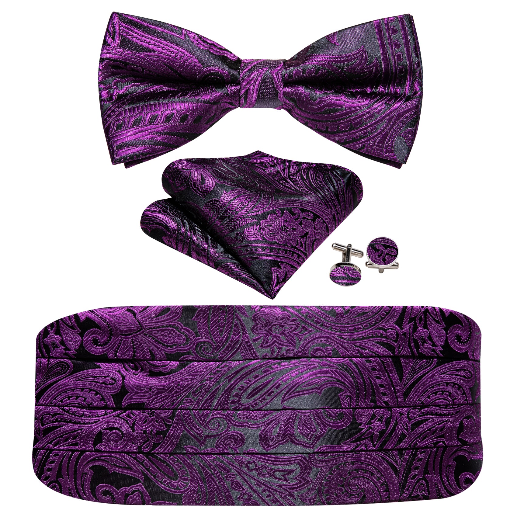 Purple Black Paisley Cummerbund Bow tie Handkerchief Cufflinks Set