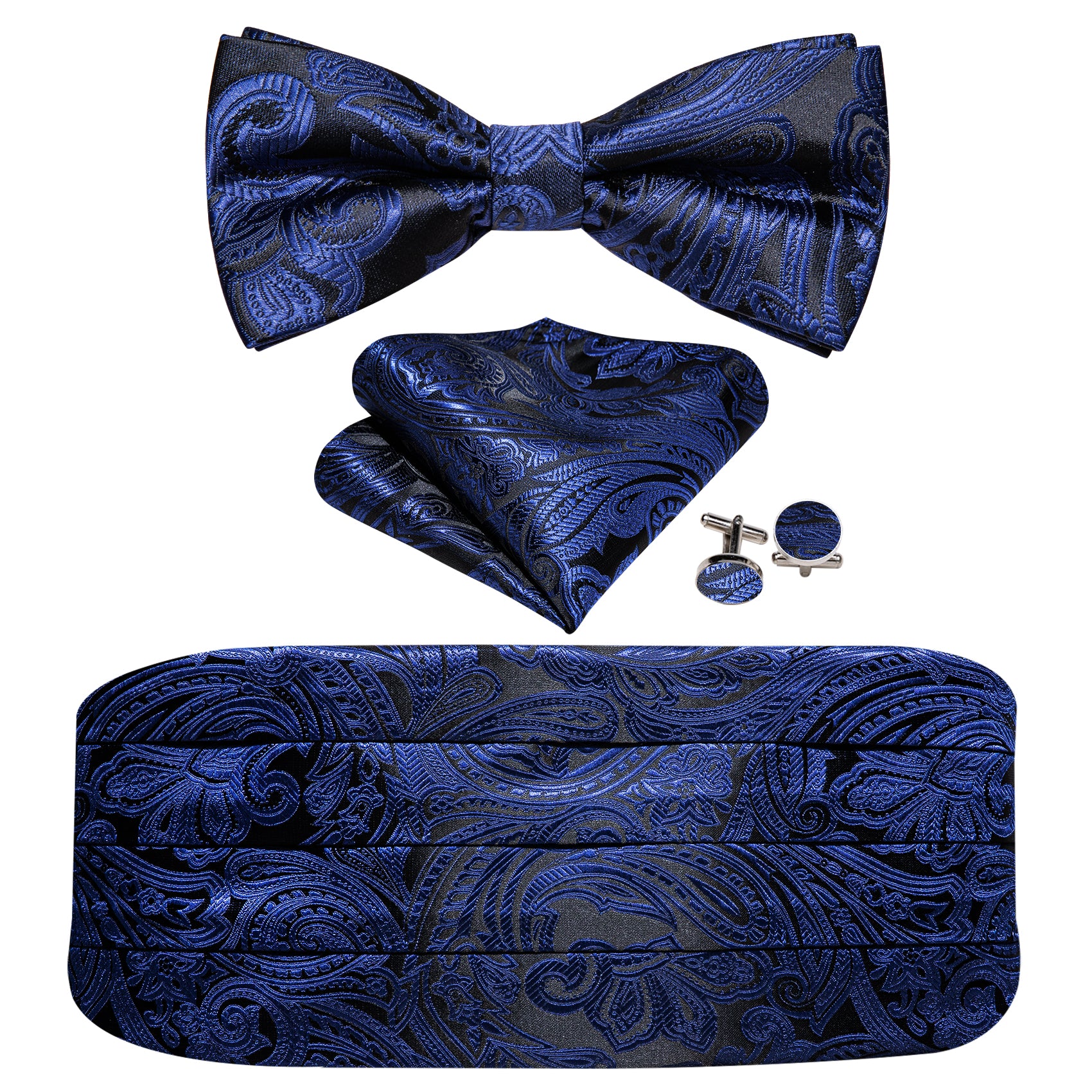 Blue Black Paisley Cummerbund Bow tie Handkerchief Cufflinks Set