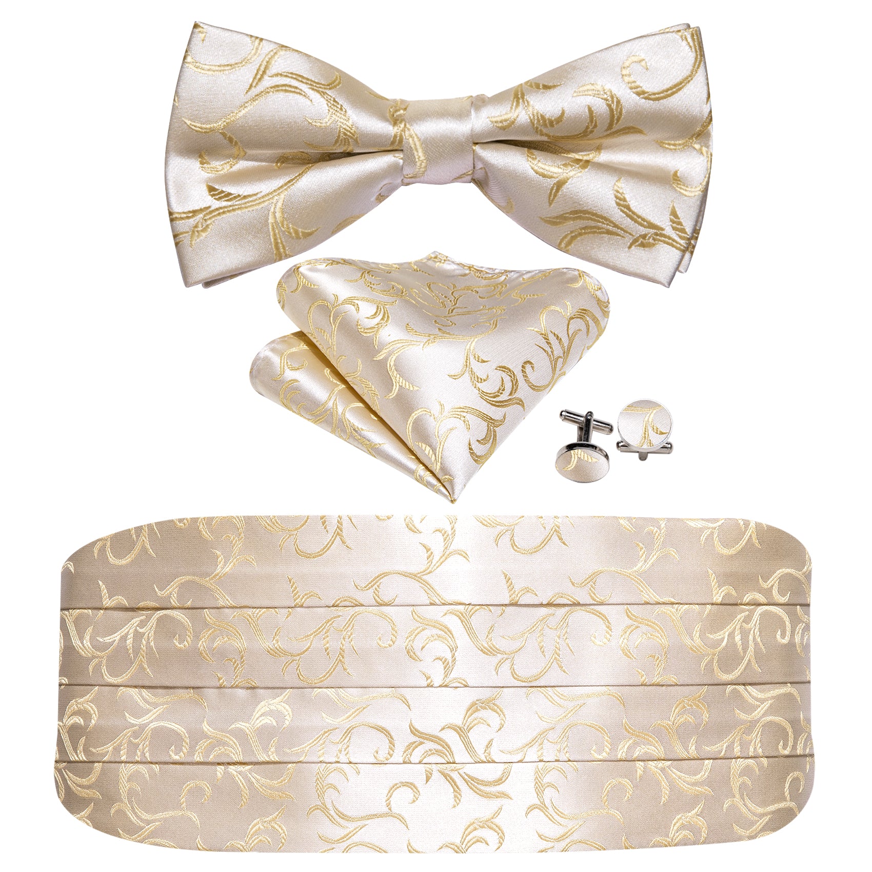 Champagne Paisley Cummerbund Bow tie Handkerchief Cufflinks Set