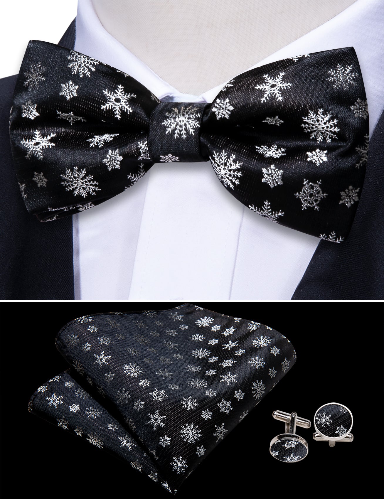 Christmas Black White Snowflake Cummerbund  Bow tie Handkerchief Cufflinks Set
