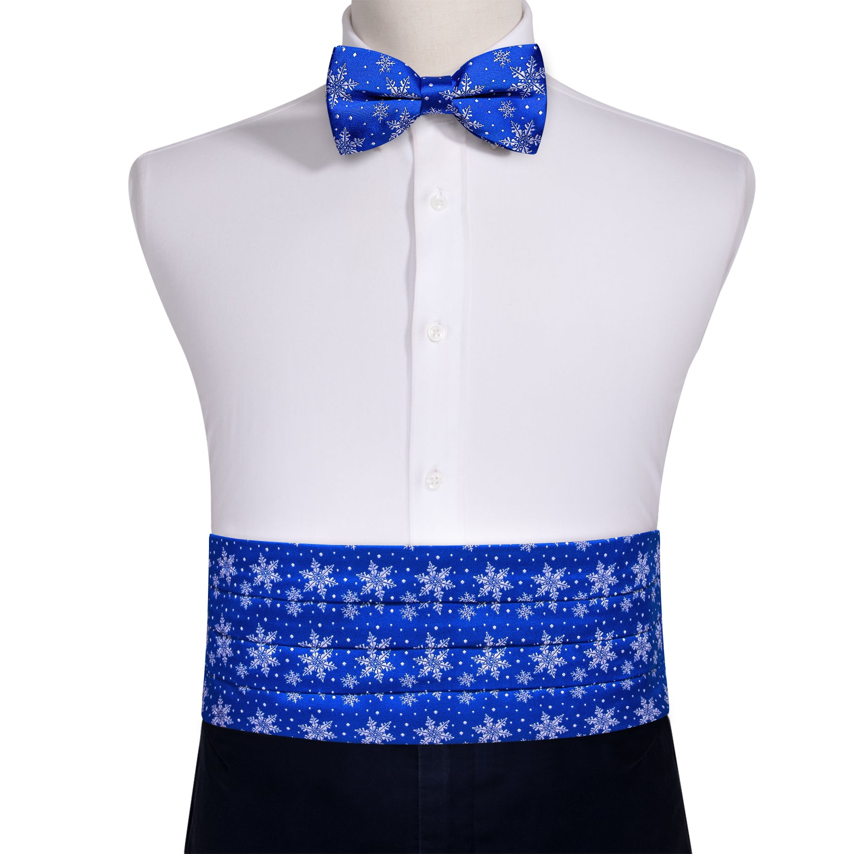 Christmas Blue White Snowflake Cummerbund Bow tie Handkerchief Cufflinks Set
