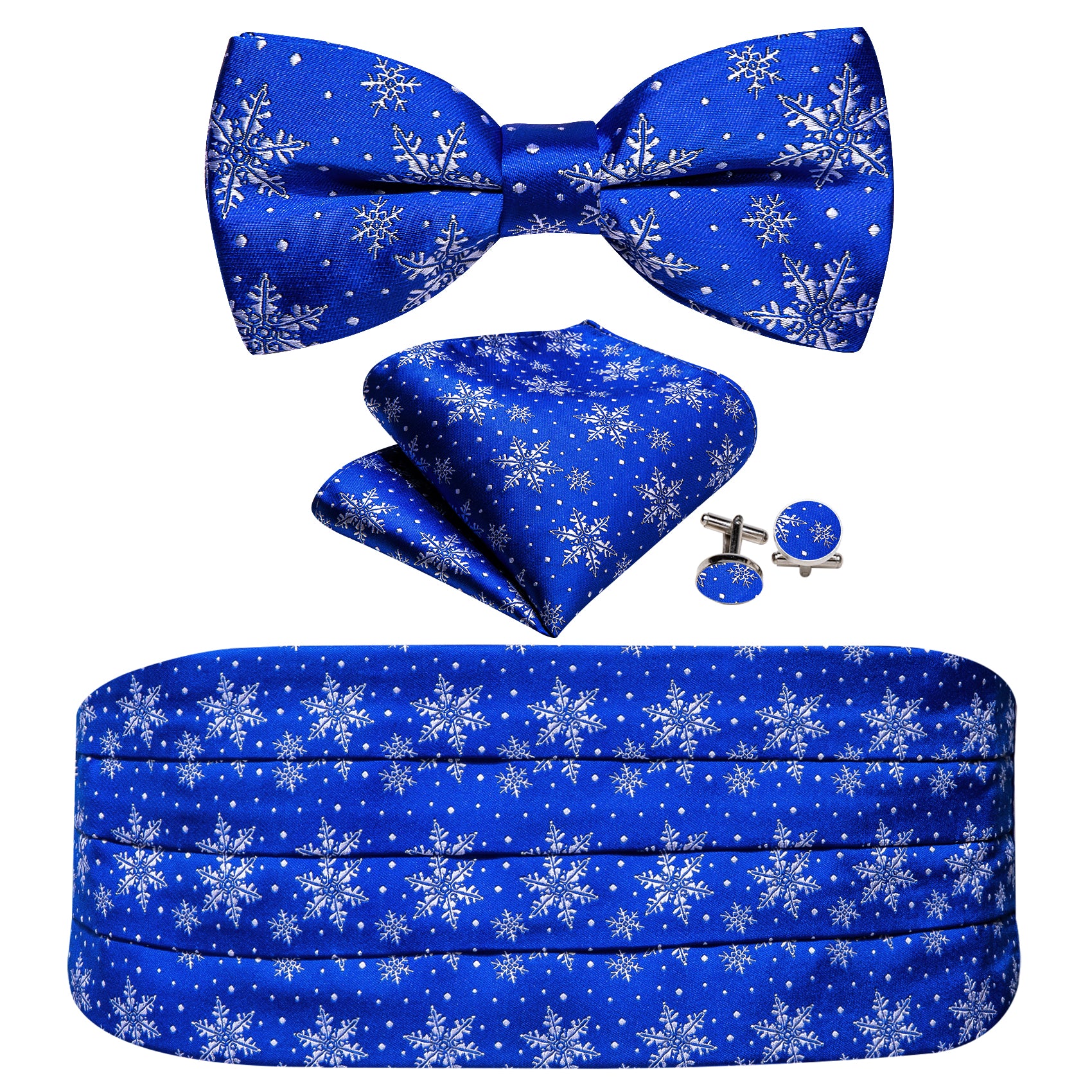 Christmas Blue White Snowflake Cummerbund Bow tie Handkerchief Cufflinks Set