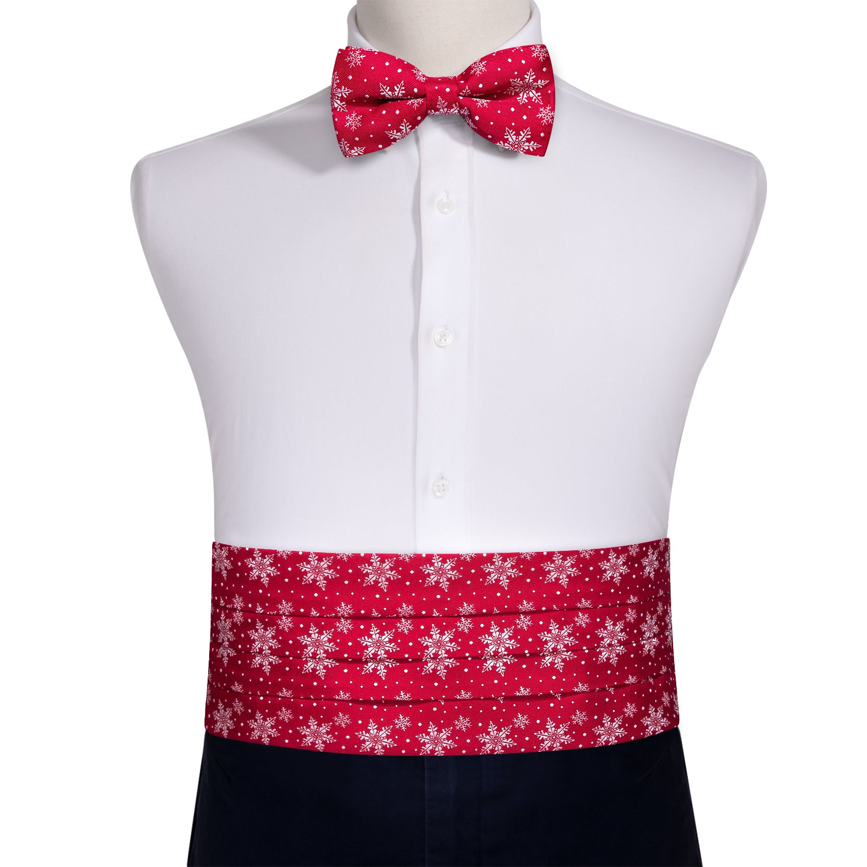 Christmas Red White Snowflake Cummerbund Bow tie Handkerchief Cufflinks Set