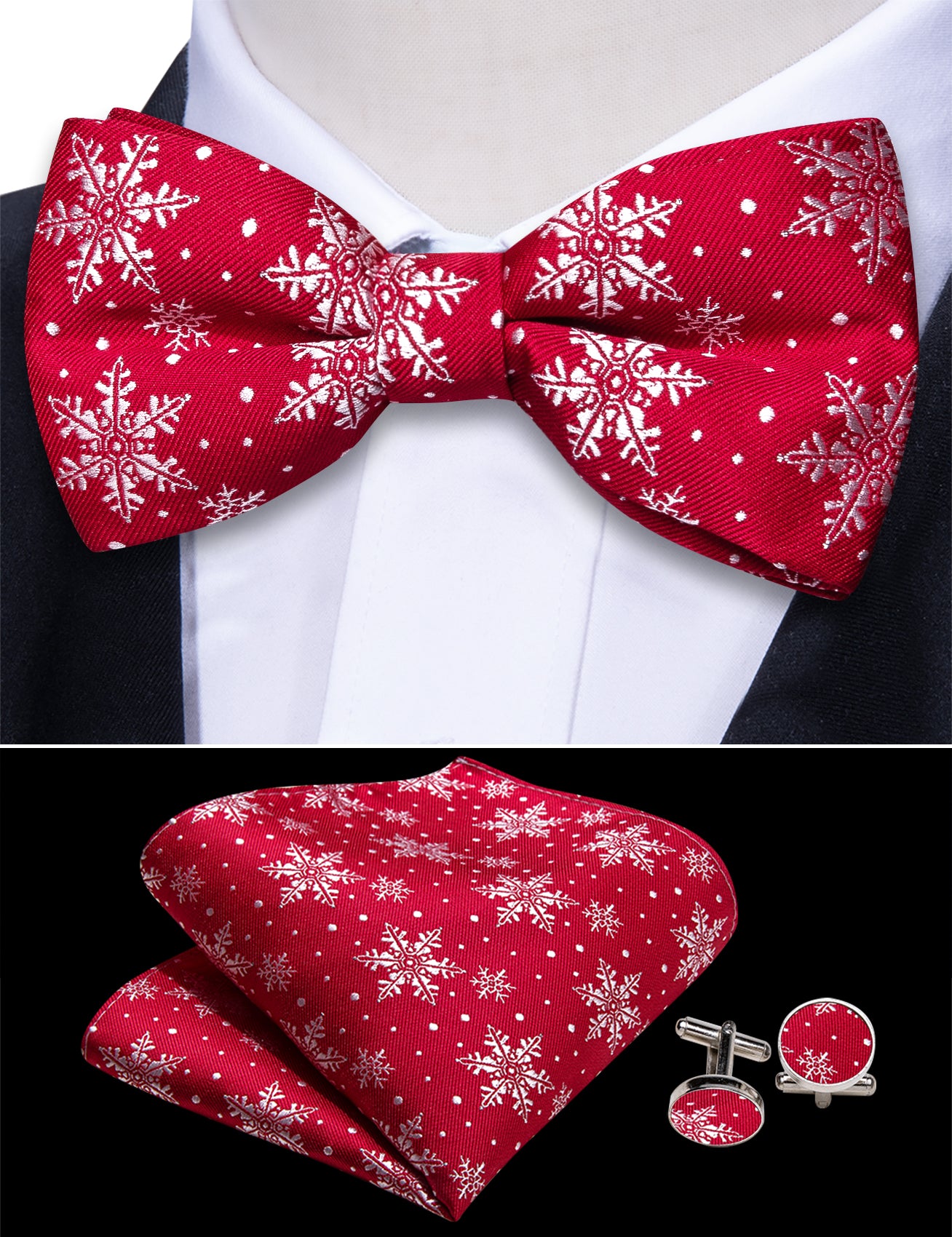 Christmas Red White Snowflake Cummerbund Bow tie Handkerchief Cufflinks Set