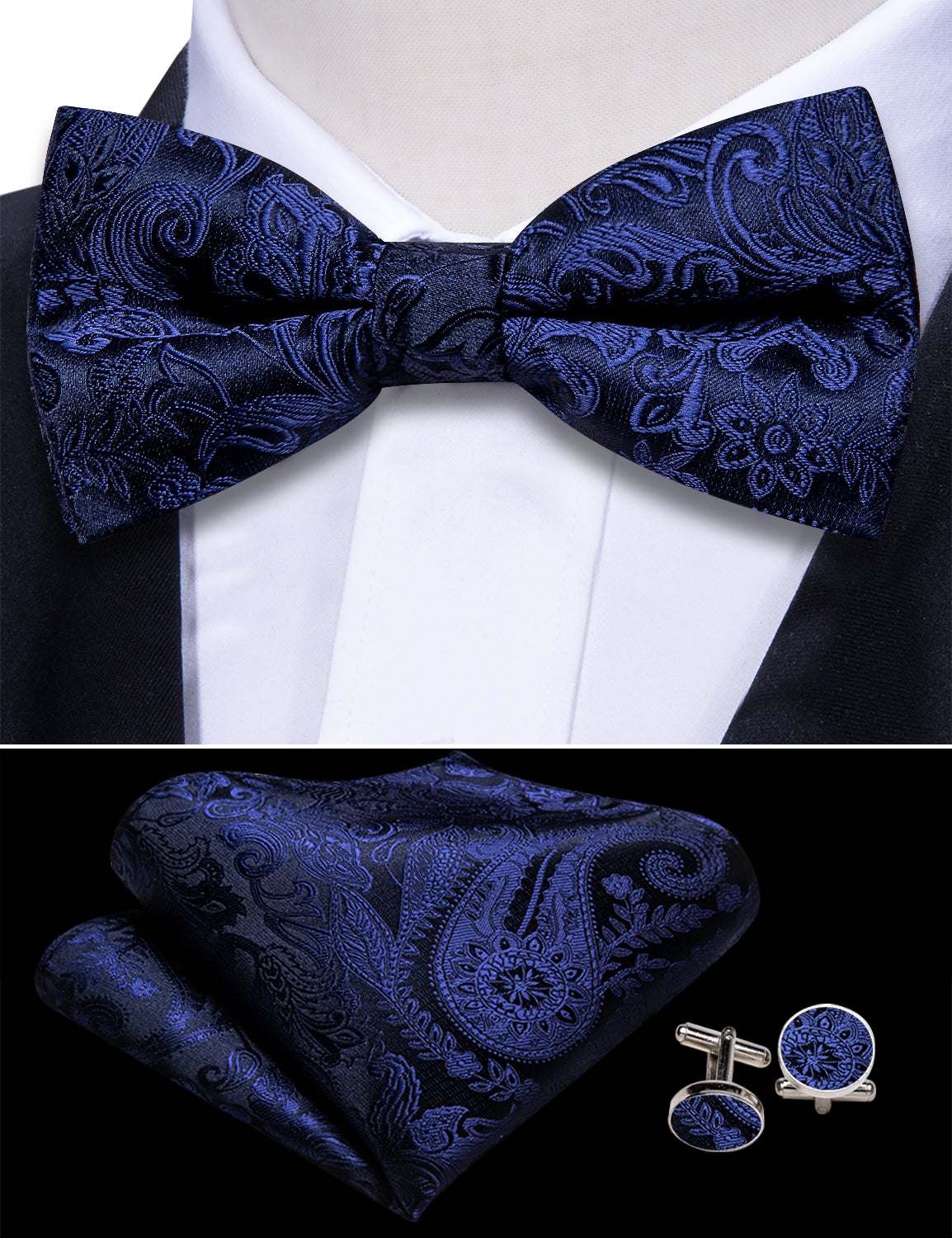 Blue Paisley Cummerbund  Bow tie Handkerchief Cufflinks Set