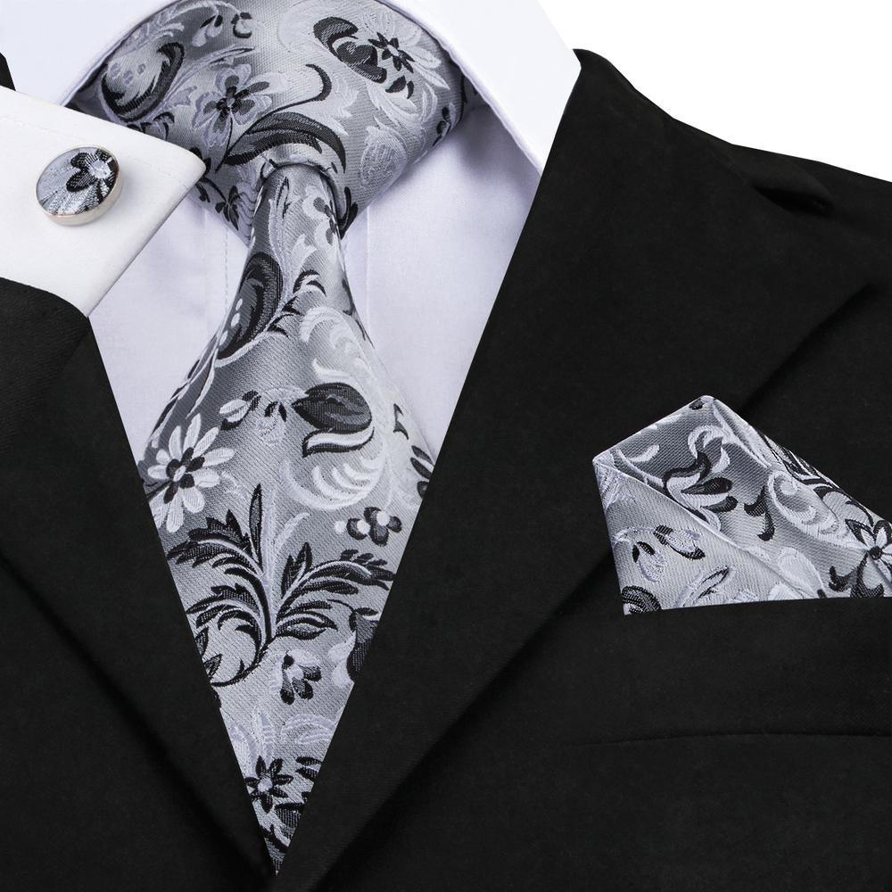 Grey Black Floral Tie Pocket Square Cufflinks Set - barry-wang