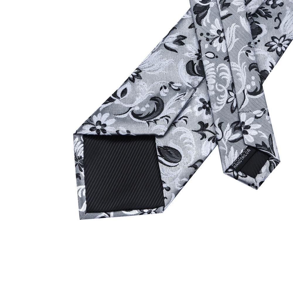 Grey Black Floral Tie Pocket Square Cufflinks Set - barry-wang