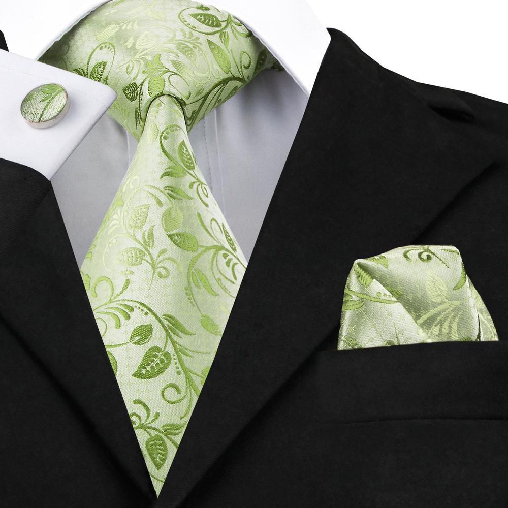 Fluorescent Green Floral Tie Pocket Square Cufflinks Set - barry-wang
